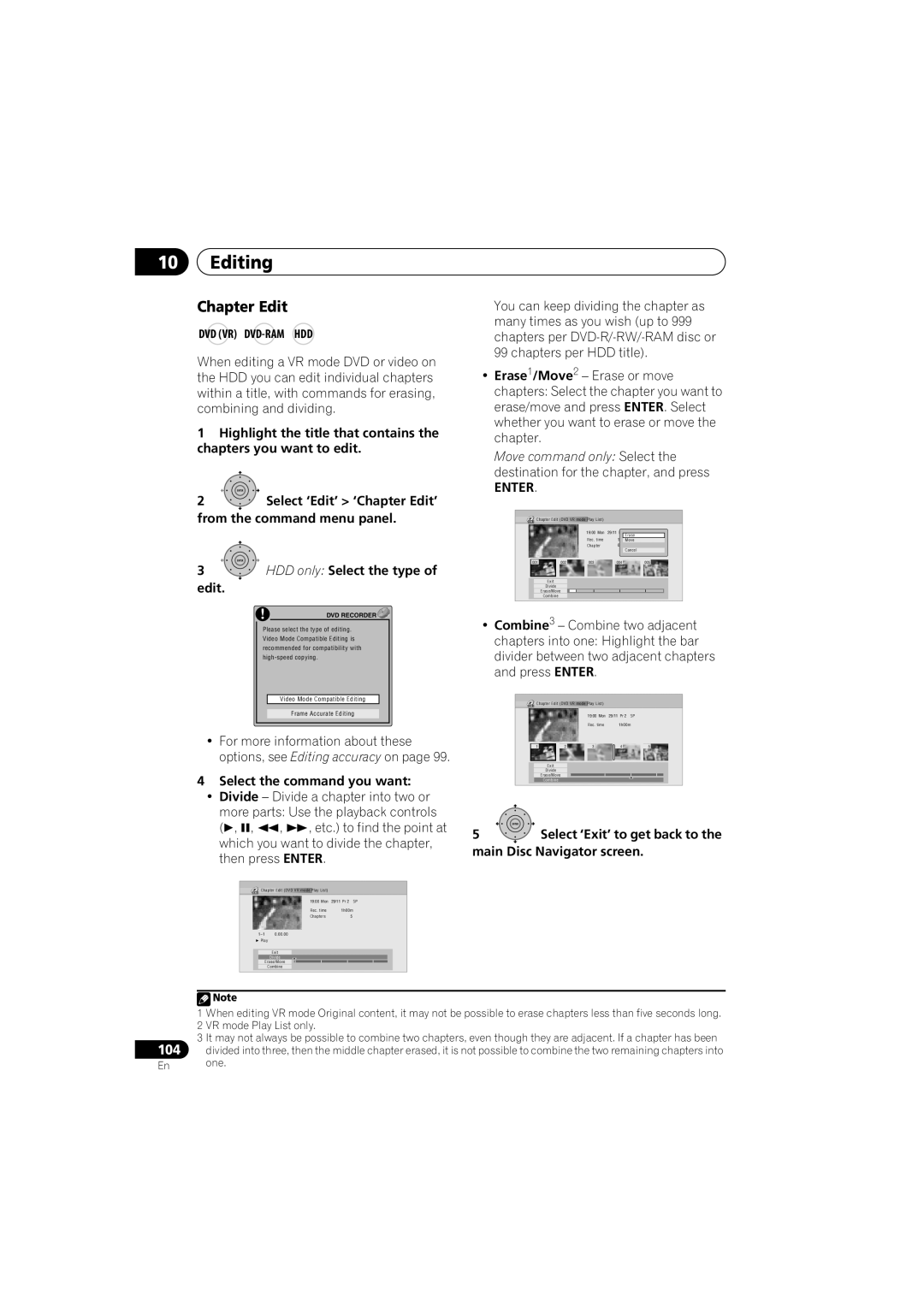 PYLE Audio DVR-940HX-S manual Dvd Vr Dvd-Ram Hdd, Select ‘Edit’ ‘Chapter Edit’ from the command menu panel 