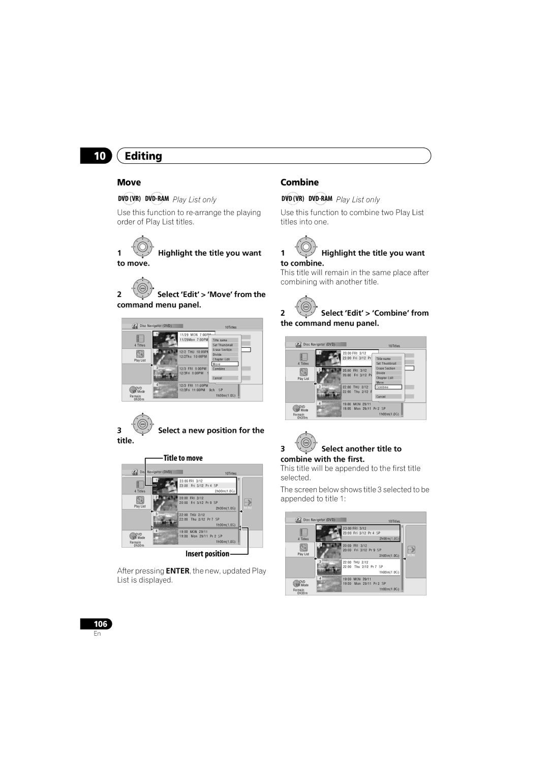 PYLE Audio DVR-940HX-S manual Move, Combine, Title to move, Insert position 