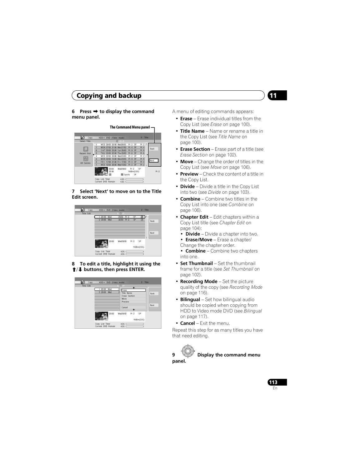 PYLE Audio DVR-940HX-S manual Press to display the command menu panel, Select ‘Next’ to move on to the Title Edit screen 