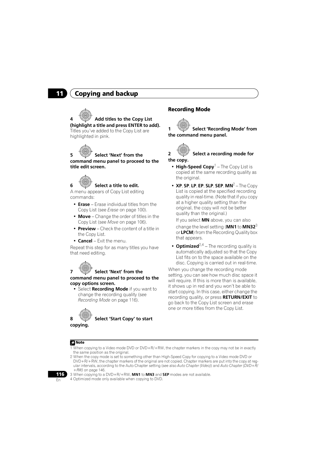 PYLE Audio DVR-940HX-S manual Select ‘Recording Mode’ from the command menu panel, Select a recording mode for Copy 