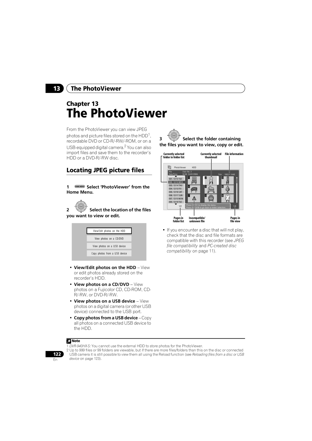 PYLE Audio DVR-940HX-S manual PhotoViewer Chapter, Locating Jpeg picture files, Select ‘PhotoViewer’ from the Home Menu 