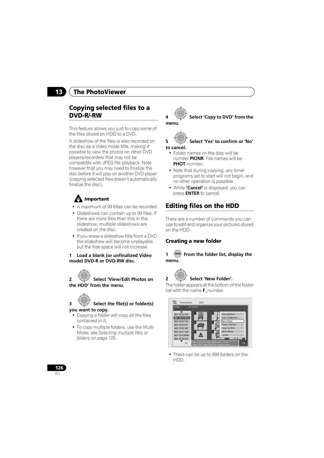 PYLE Audio DVR-940HX-S PhotoViewer Copying selected files to a DVD-R/-RW, Editing files on the HDD, Creating a new folder 