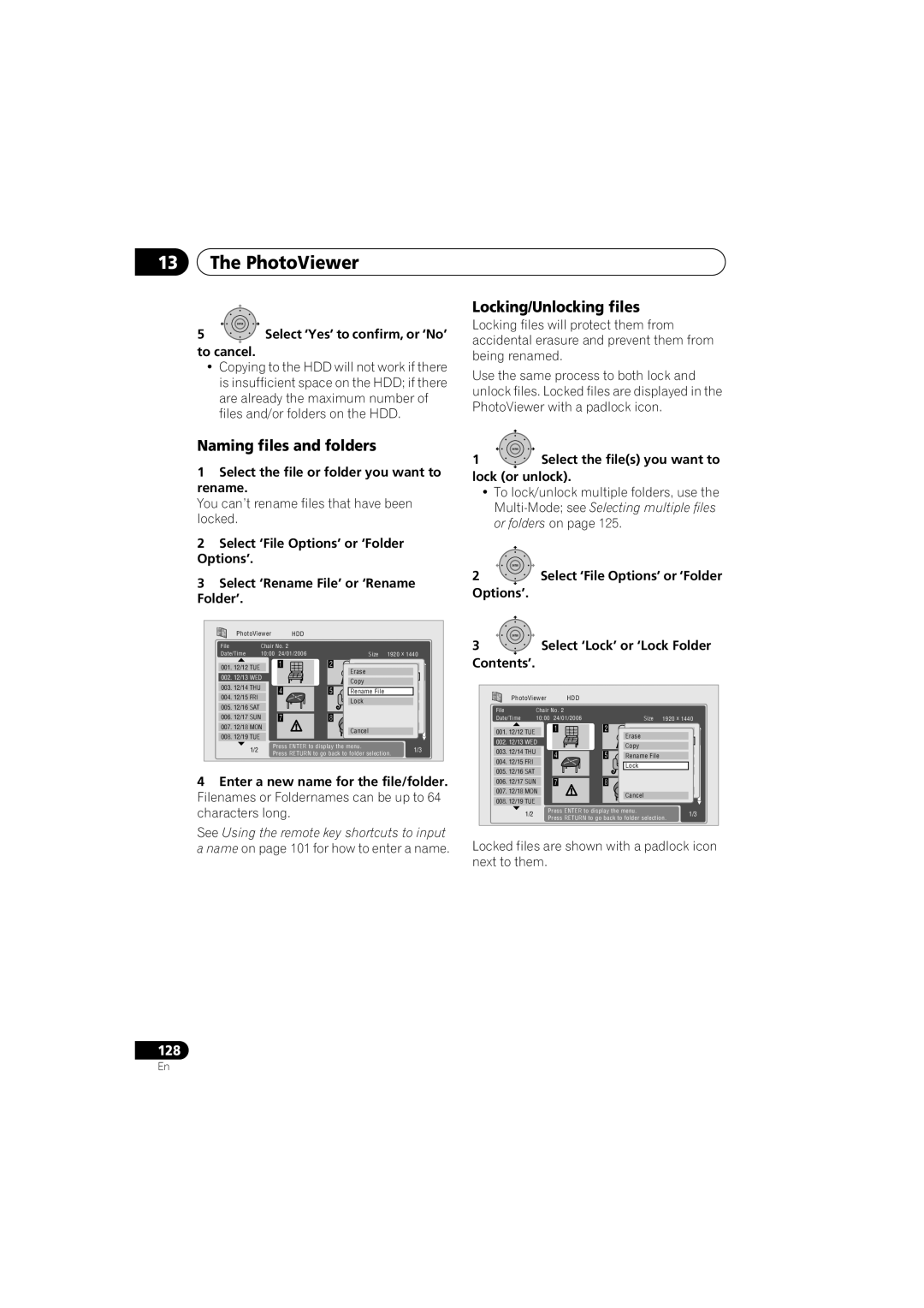 PYLE Audio DVR-940HX-S manual Naming files and folders, Locking/Unlocking files 