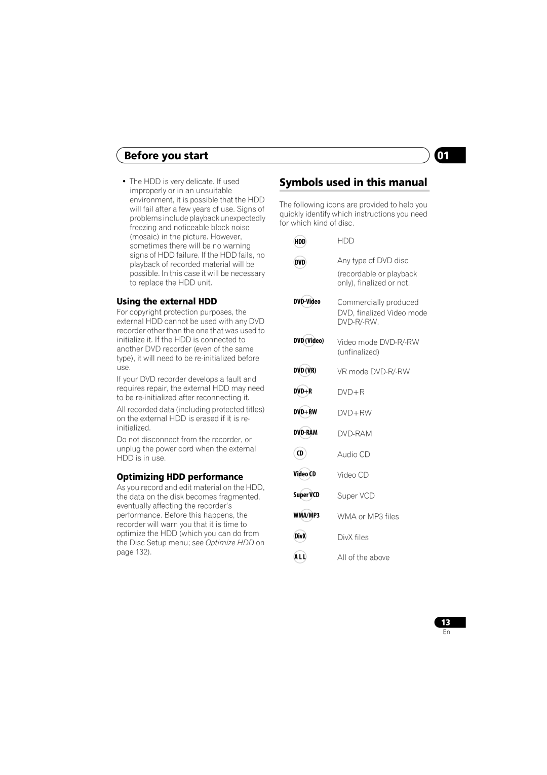 PYLE Audio DVR-940HX-S Symbols used in this manual, Using the external HDD, Optimizing HDD performance 