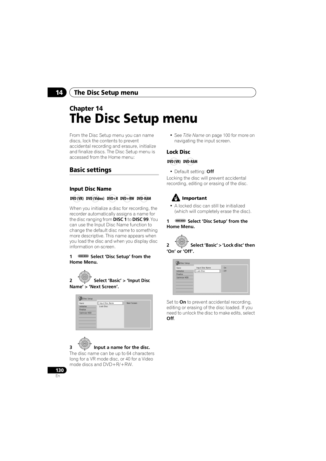 PYLE Audio DVR-940HX-S manual Disc Setup menu Chapter, Basic settings, Lock Disc, Input Disc Name 