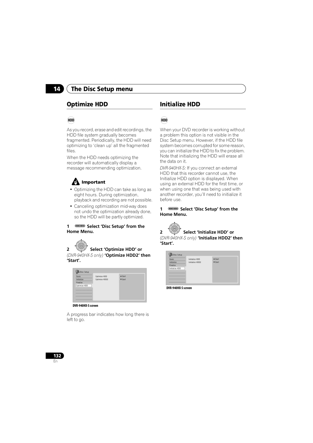 PYLE Audio DVR-940HX-S manual Disc Setup menu Optimize HDD Initialize HDD, Hdd 