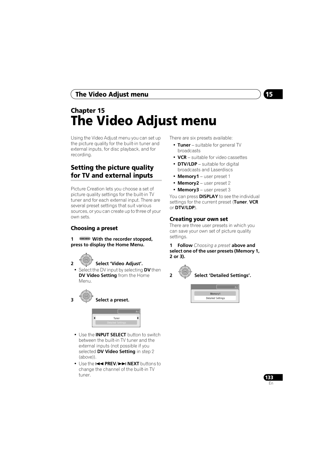 PYLE Audio DVR-940HX-S manual Video Adjust menu Chapter, Setting the picture quality for TV and external inputs 