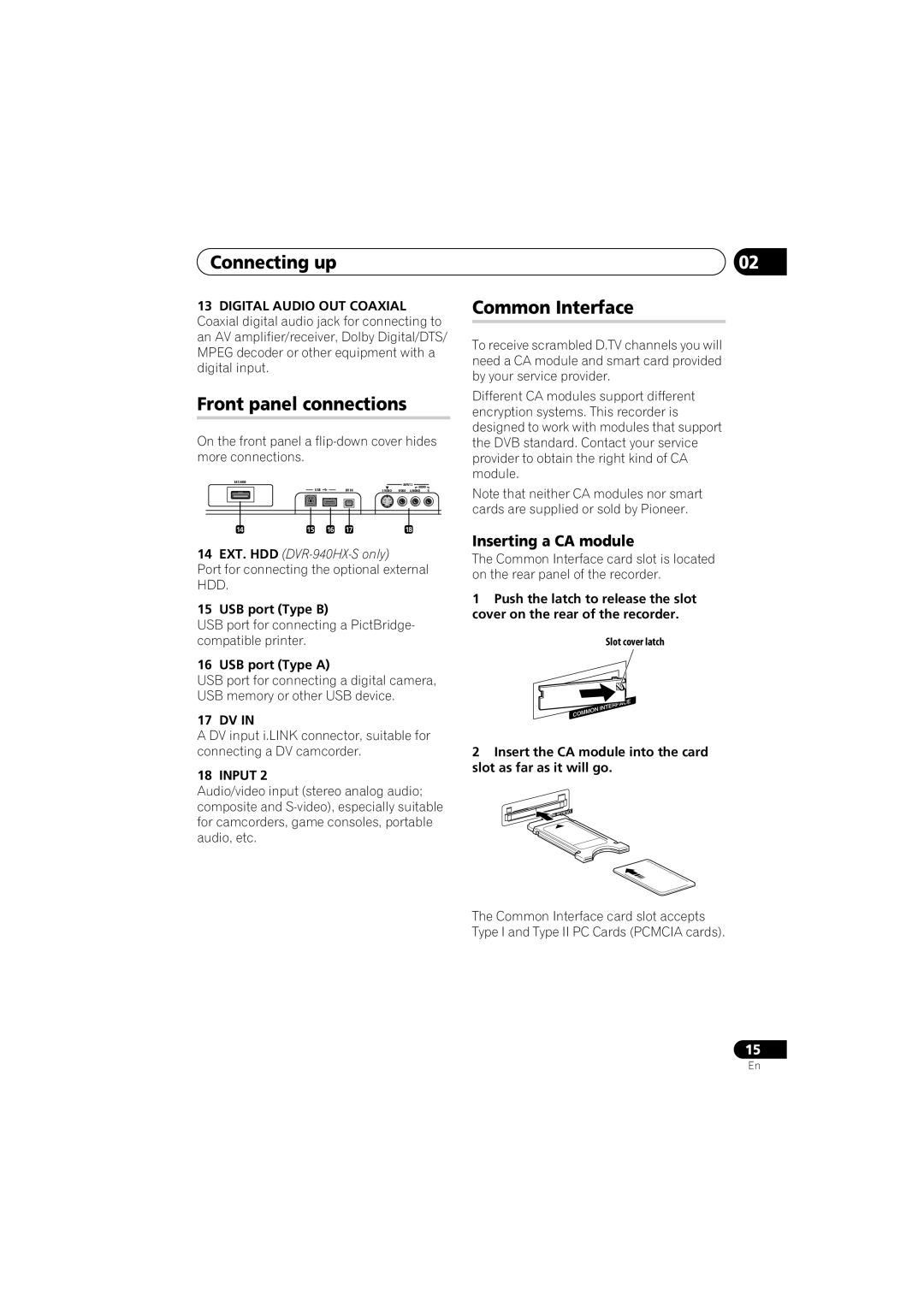 PYLE Audio DVR-940HX-S manual Connecting up, Front panel connections, Common Interface, Inserting a CA module 