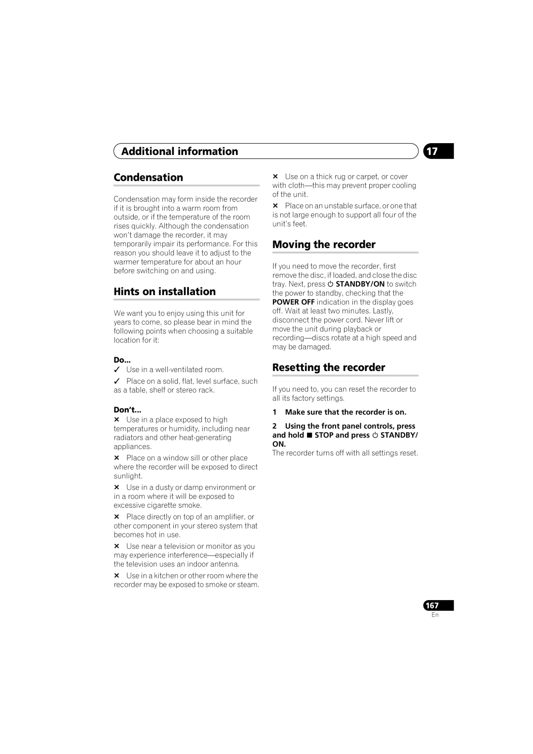 PYLE Audio DVR-940HX-S manual Additional information Condensation, Hints on installation, Moving the recorder, Don’t 