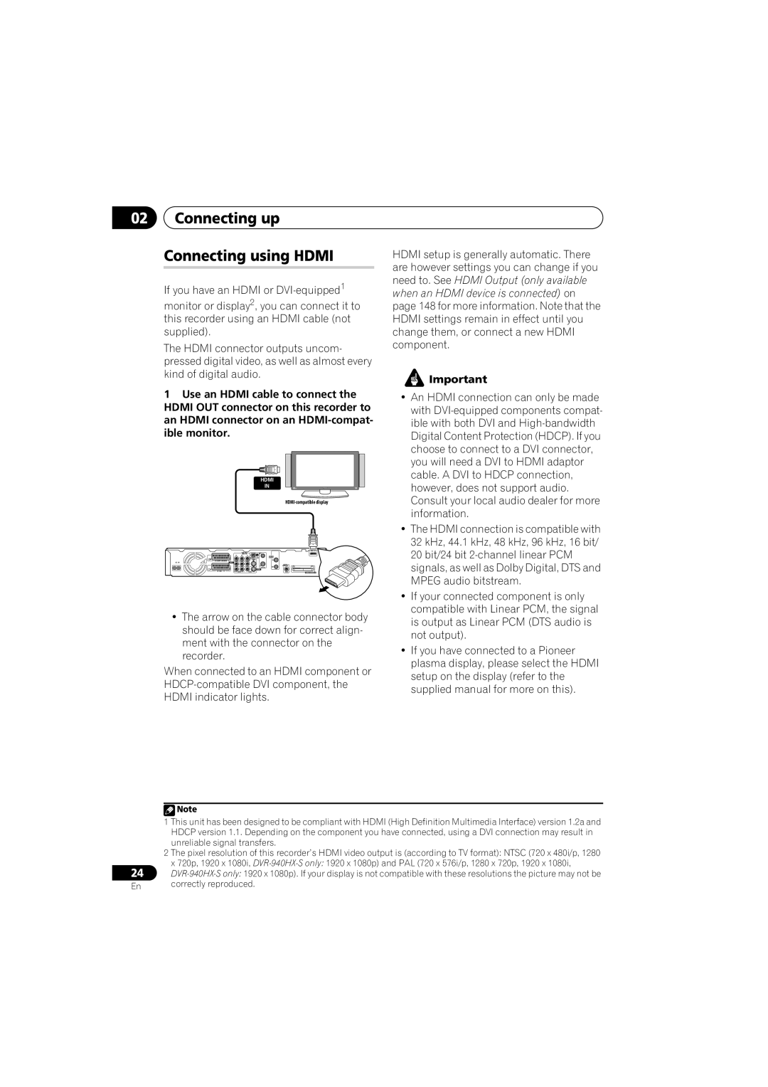 PYLE Audio DVR-940HX-S manual Connecting up Connecting using Hdmi 