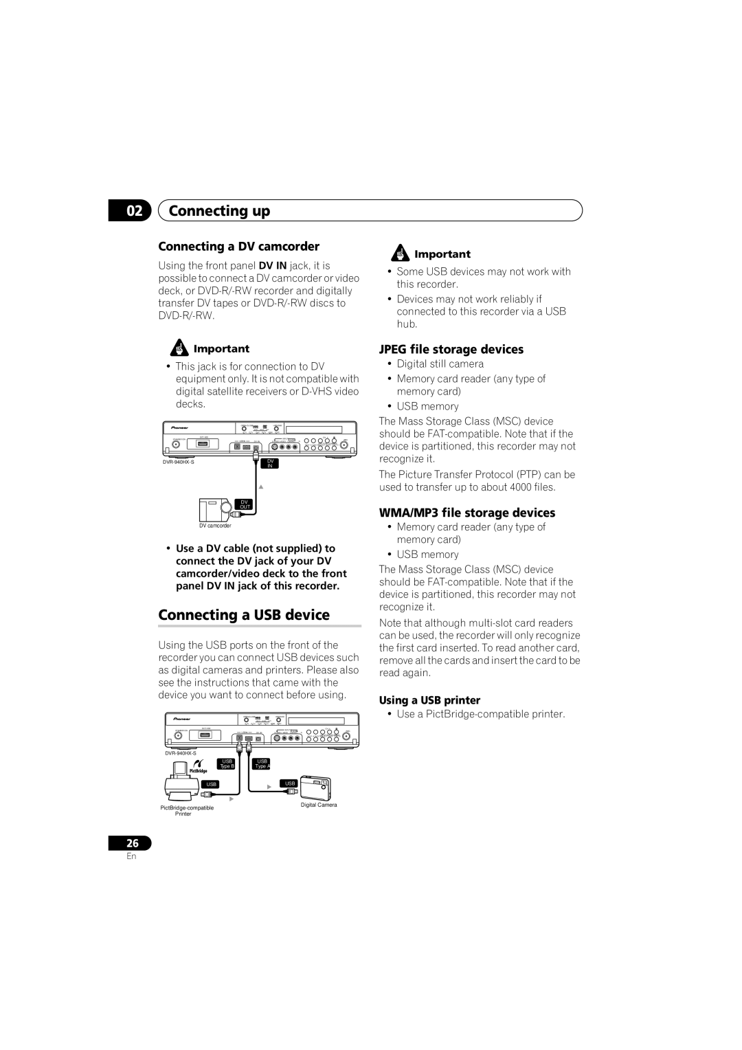 PYLE Audio DVR-940HX-S Connecting a USB device, Connecting a DV camcorder, Jpeg file storage devices, Using a USB printer 