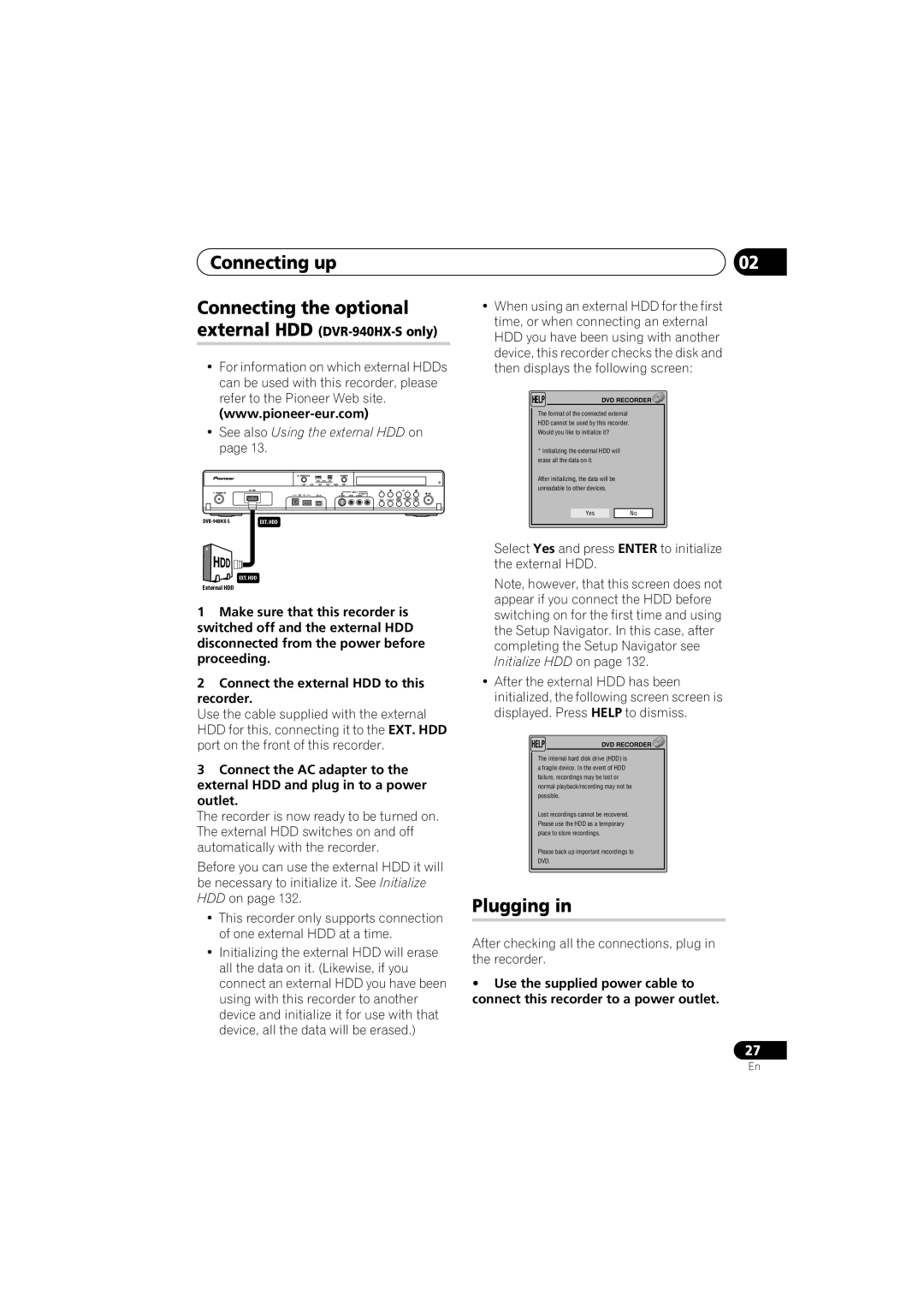 PYLE Audio manual Connecting up Connecting the optional, Plugging, External HDD DVR-940HX-S only 