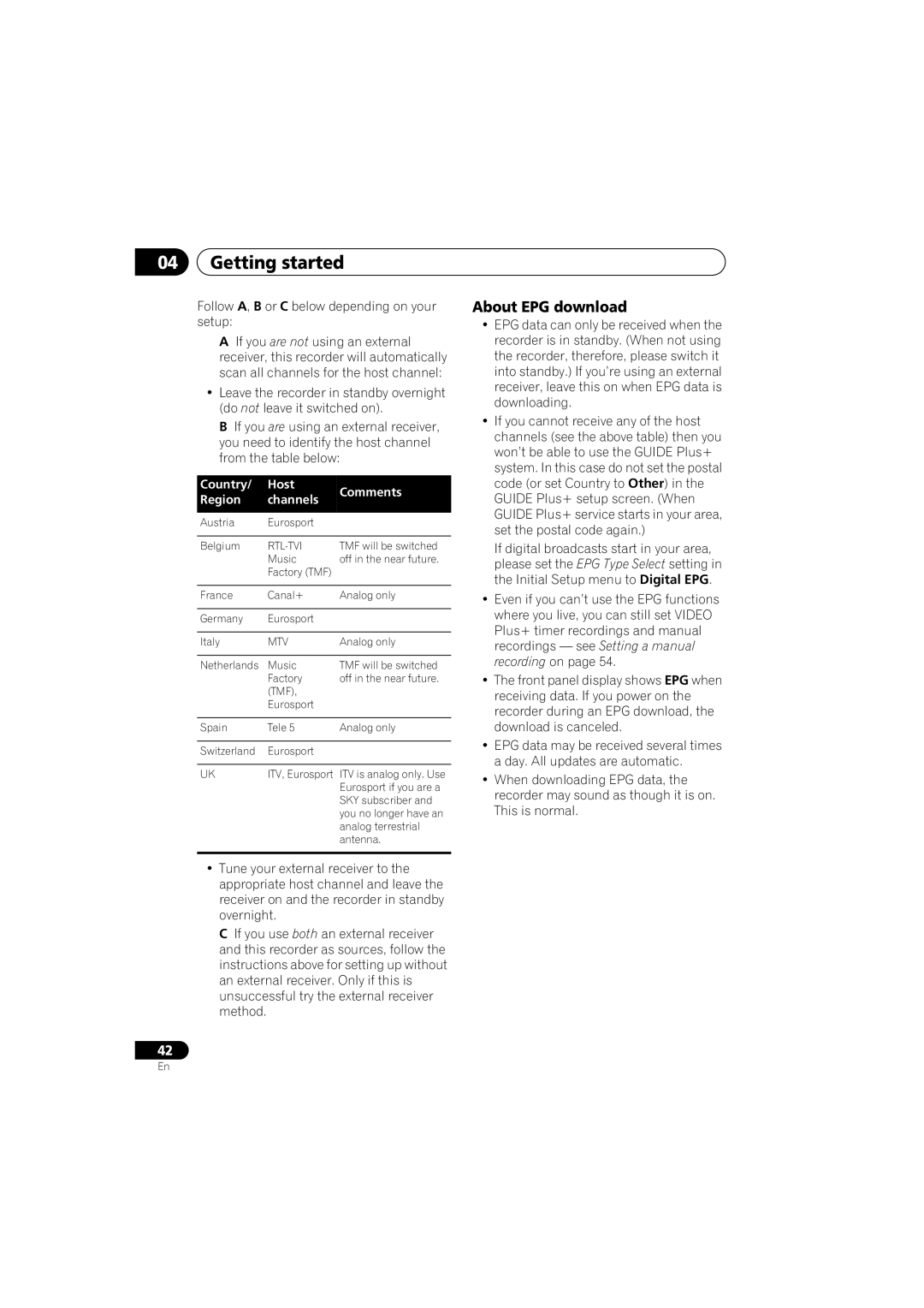 PYLE Audio DVR-940HX-S manual About EPG download, Country Host Comments Region Channels 