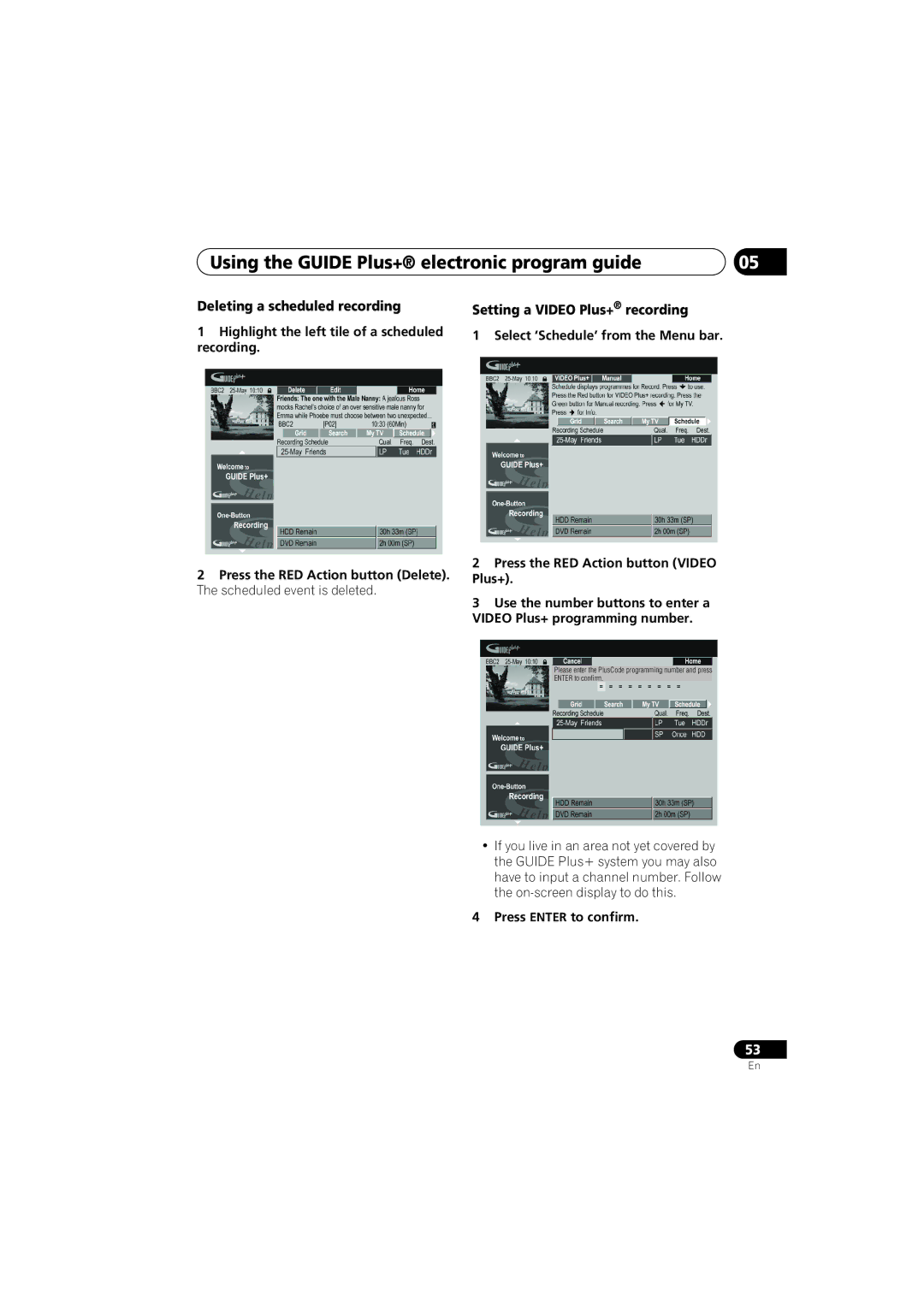 PYLE Audio DVR-940HX-S manual Deleting a scheduled recording, Setting a Video Plus+ recording, Press Enter to confirm 