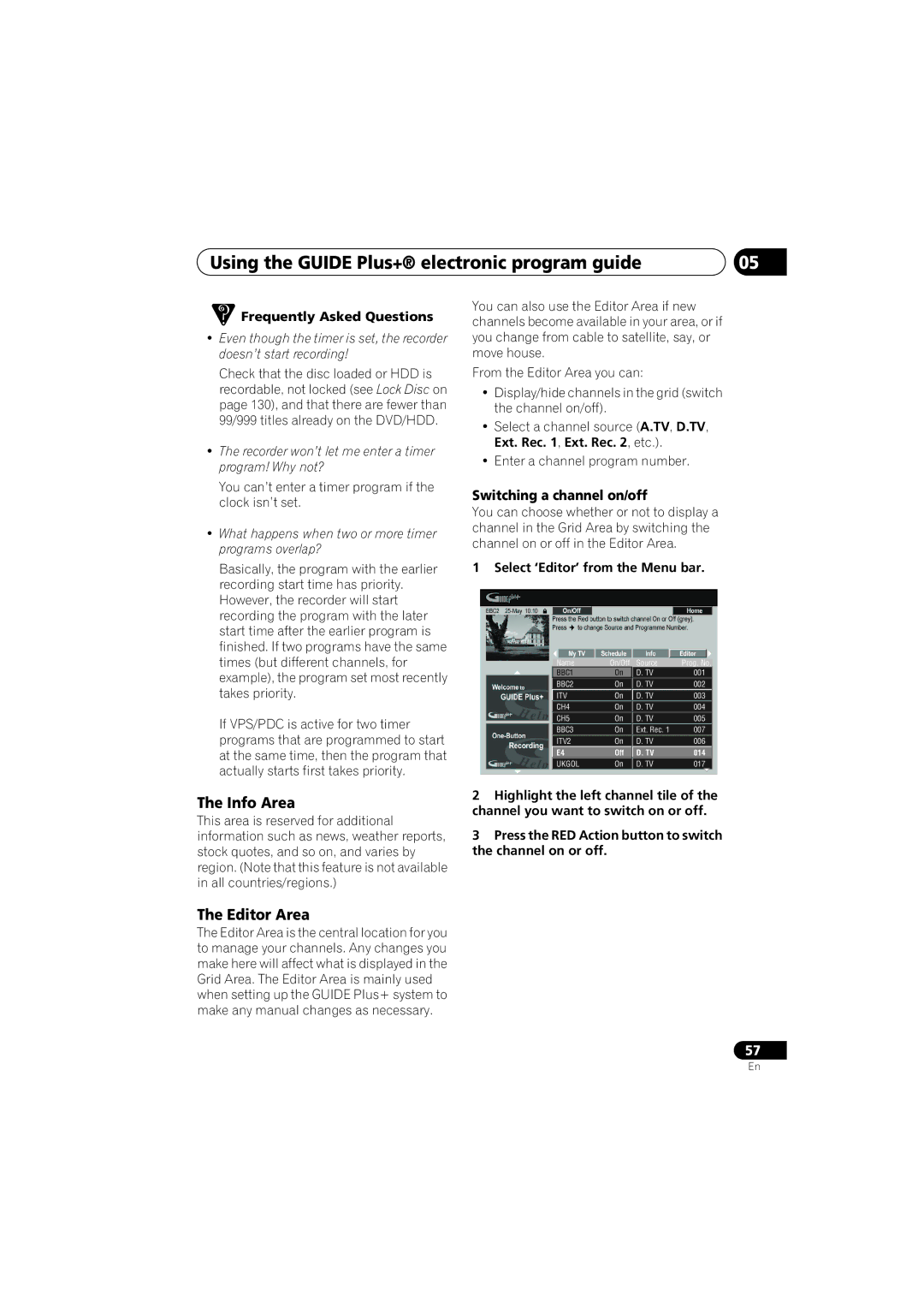 PYLE Audio DVR-940HX-S manual Info Area, Editor Area, Switching a channel on/off, Frequently Asked Questions 