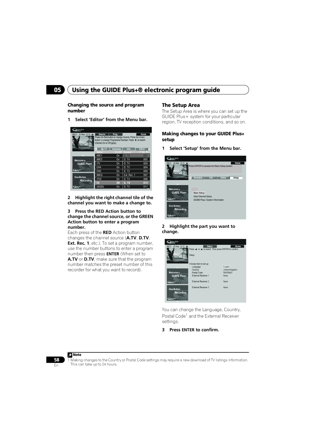 PYLE Audio DVR-940HX-S manual Setup Area, Changing the source and program number, Making changes to your Guide Plus+ setup 