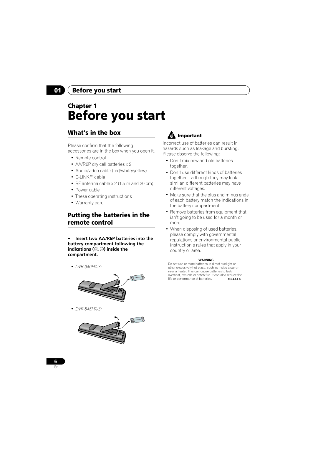 PYLE Audio DVR-940HX-S manual Before you start Chapter, What’s in the box, Putting the batteries in the remote control 