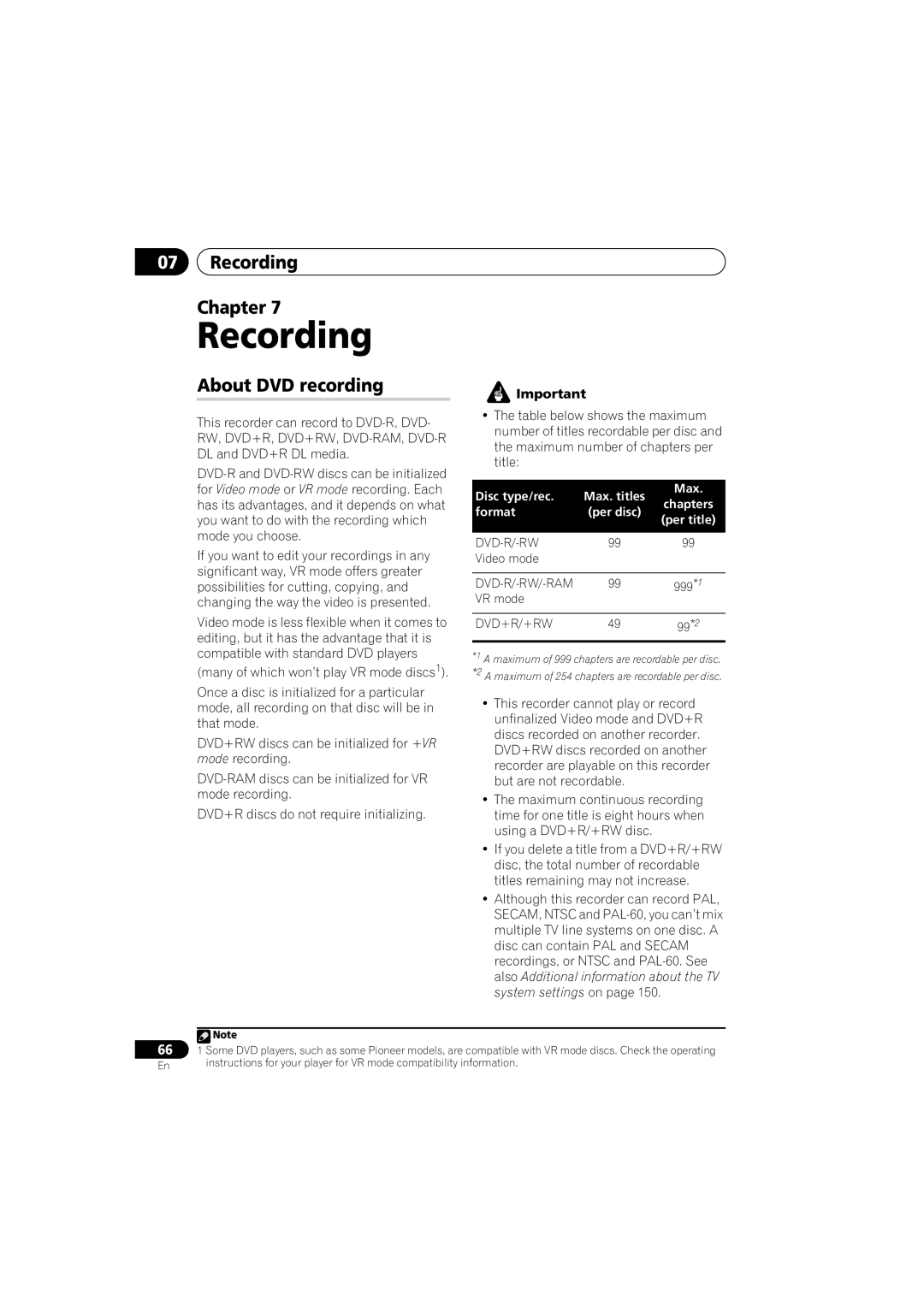 PYLE Audio DVR-940HX-S manual Recording Chapter, About DVD recording, Disc type/rec Max. titles, Format 