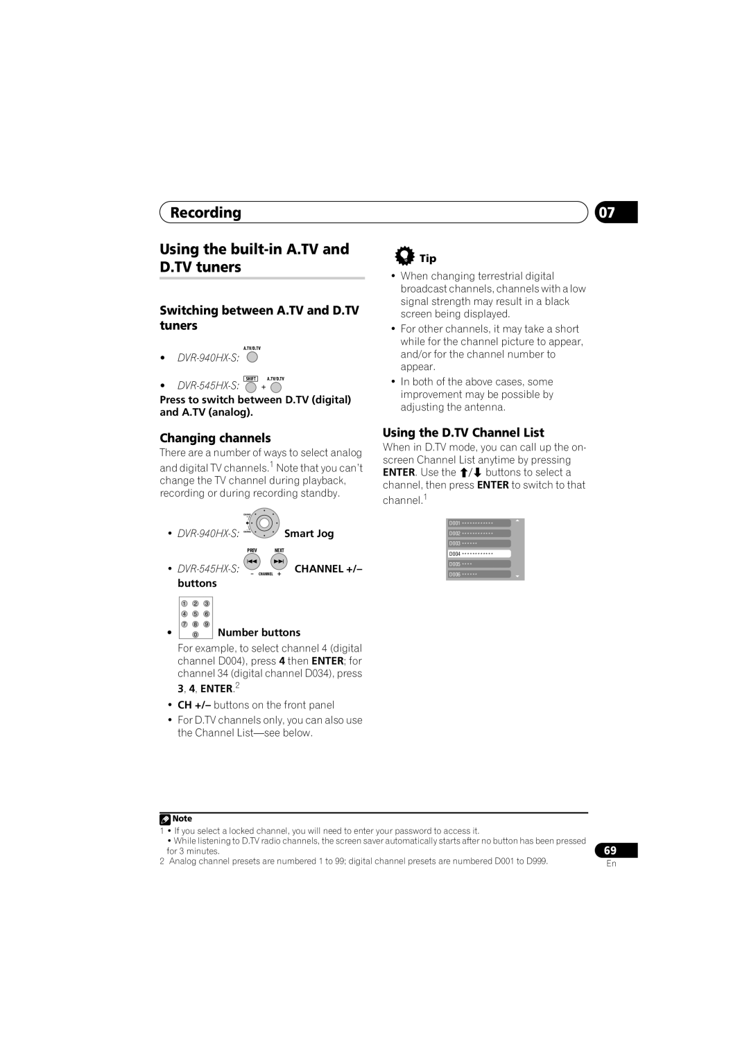 PYLE Audio DVR-940HX-S manual Recording Using the built-in A.TV and D.TV tuners, Switching between A.TV and D.TV tuners 