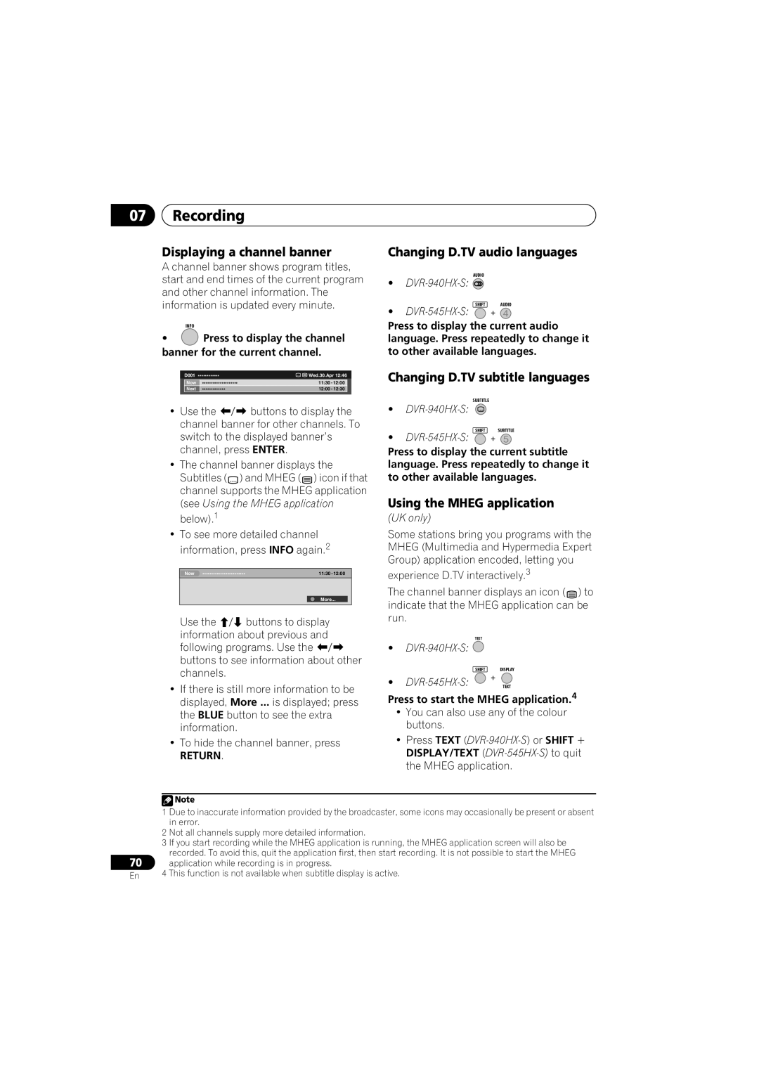 PYLE Audio DVR-940HX-S manual Displaying a channel banner, Changing D.TV audio languages, Changing D.TV subtitle languages 