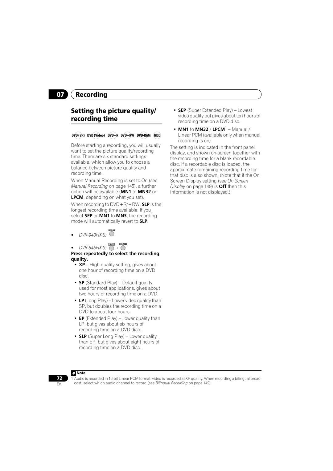 PYLE Audio DVR-940HX-S manual Recording Setting the picture quality/ recording time 