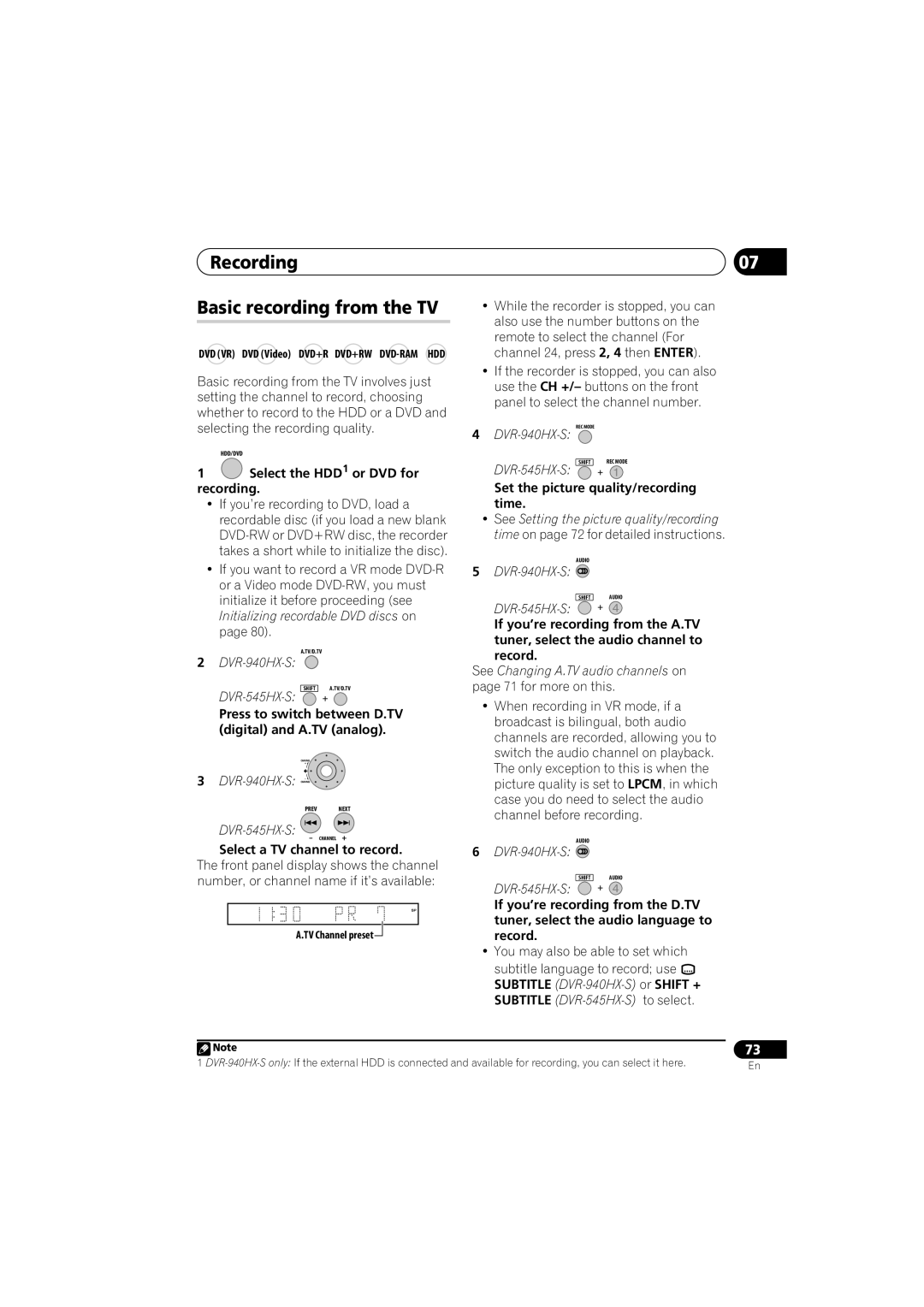 PYLE Audio DVR-940HX-S manual Recording Basic recording from the TV, Select the HDD1 or DVD for recording 