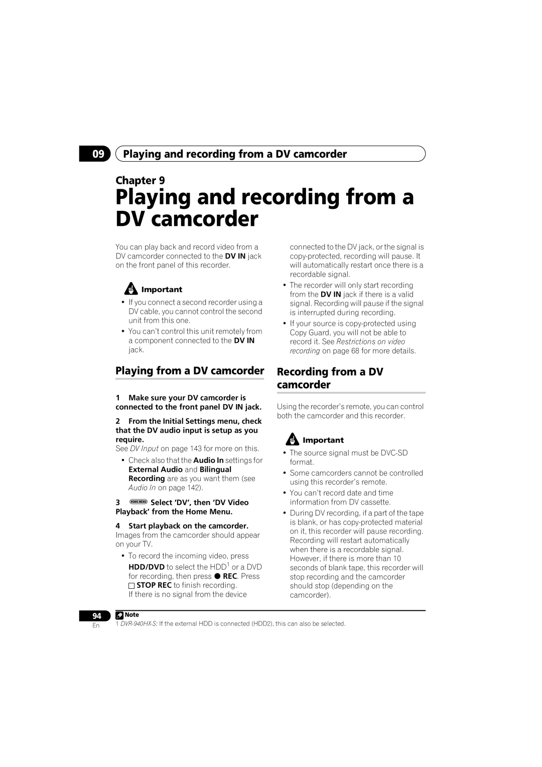 PYLE Audio DVR-940HX-S manual Playing and recording from a DV camcorder Chapter, Playing from a DV camcorder 