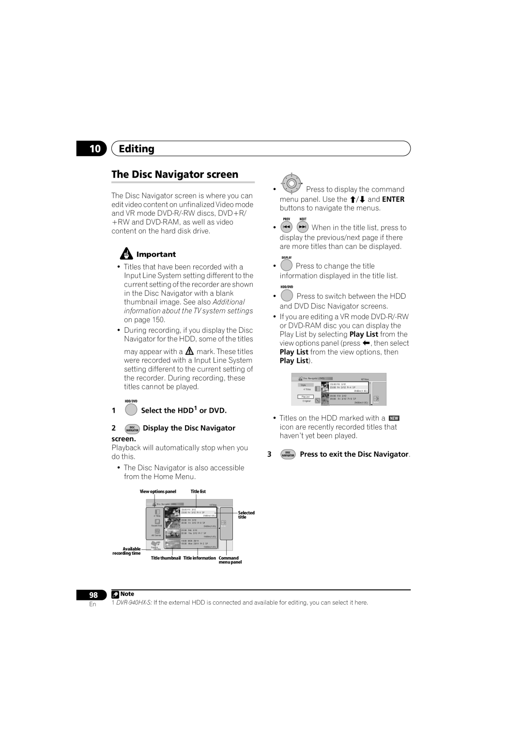 PYLE Audio DVR-940HX-S manual Editing Disc Navigator screen, Select the HDD1 or DVD Disc Display the Disc Navigator 