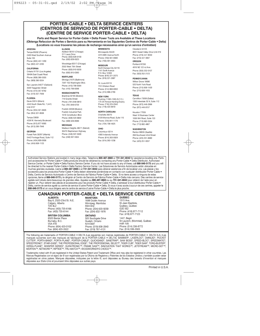 PYLE Audio FCN200 instruction manual Canadian PORTER-CABLE Delta Service Centers 