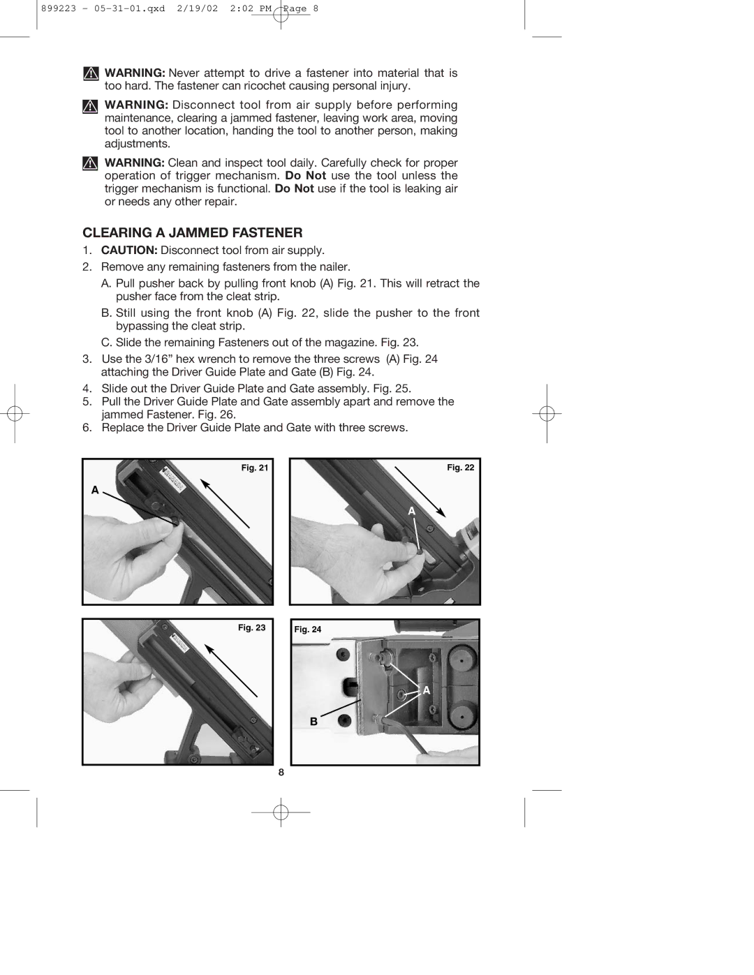 PYLE Audio FCN200 instruction manual Clearing a Jammed Fastener 