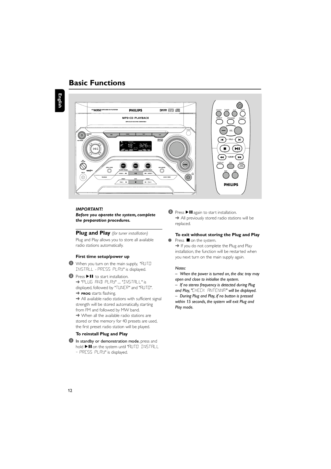 PYLE Audio FWM352 user manual Basic Functions, First time setup/power up, To reinstall Plug and Play 