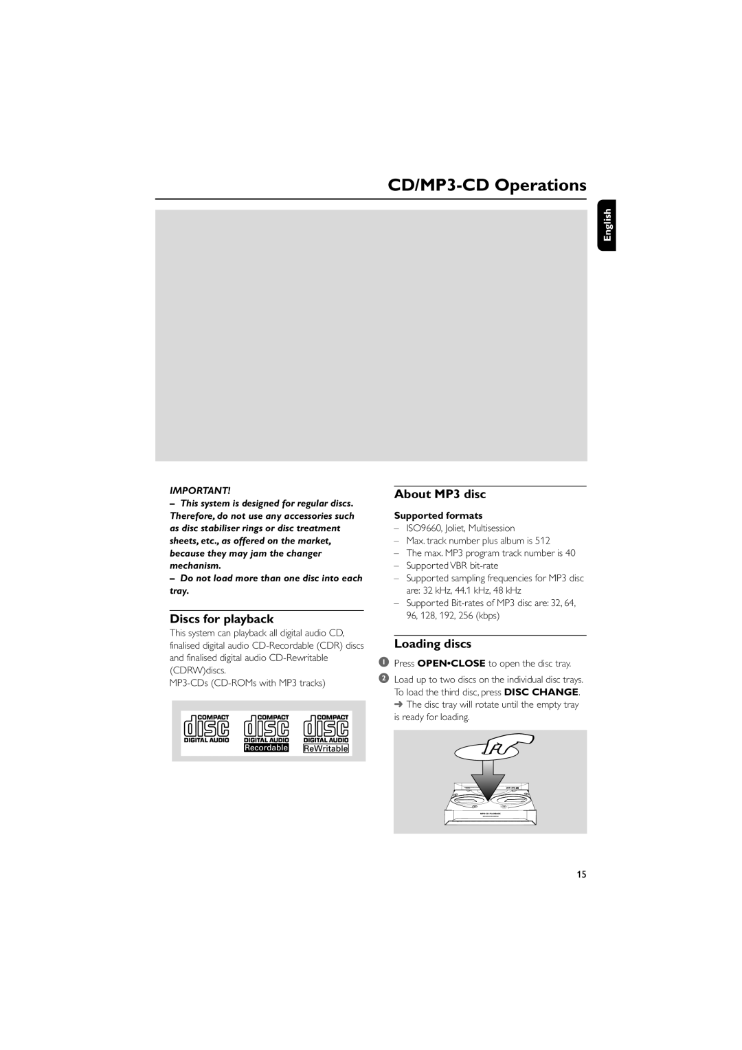 PYLE Audio FWM352 user manual CD/MP3-CD Operations, Discs for playback, About MP3 disc, Loading discs, Supported formats 