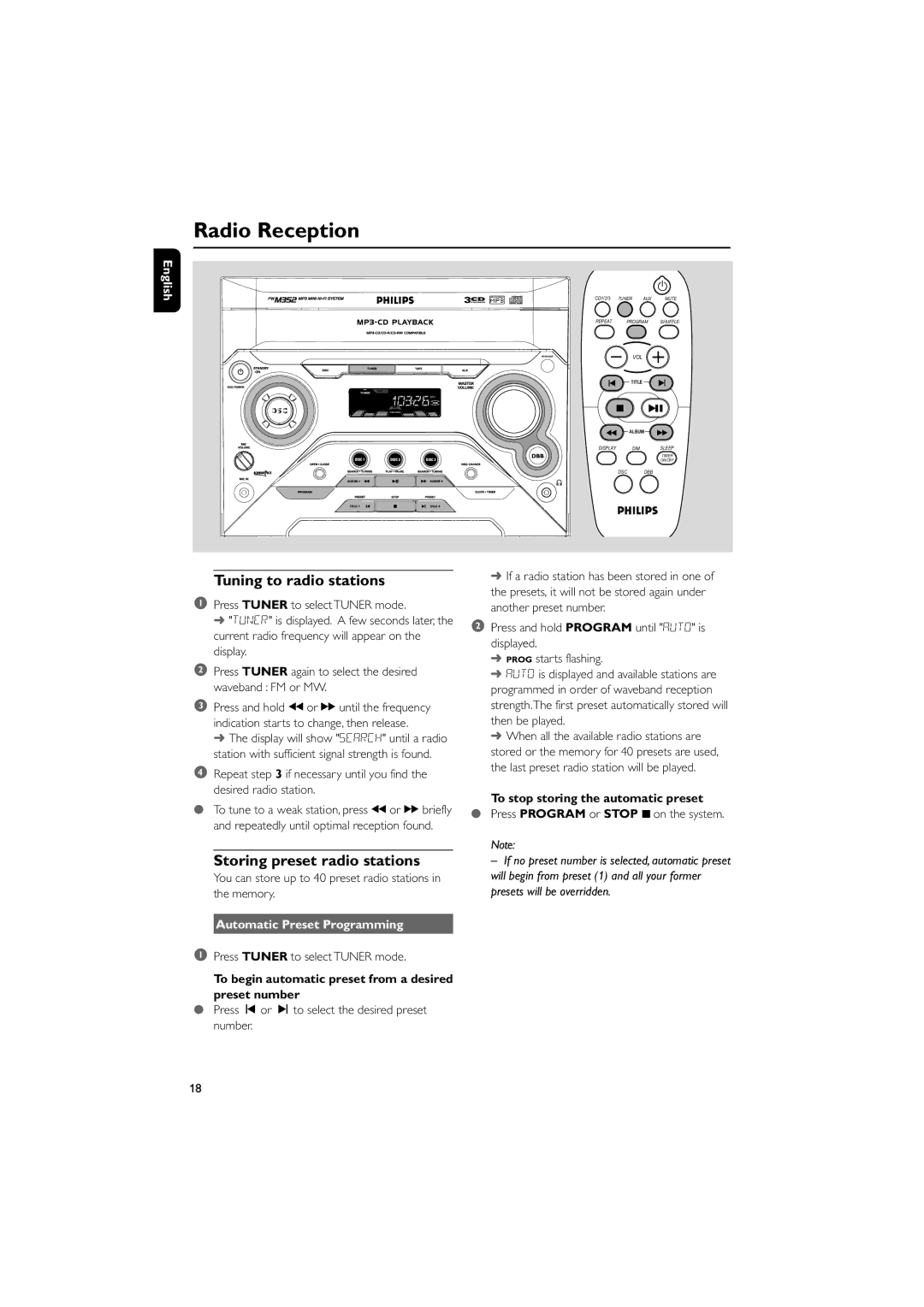 PYLE Audio FWM352 Radio Reception, Tuning to radio stations, Storing preset radio stations, Automatic Preset Programming 