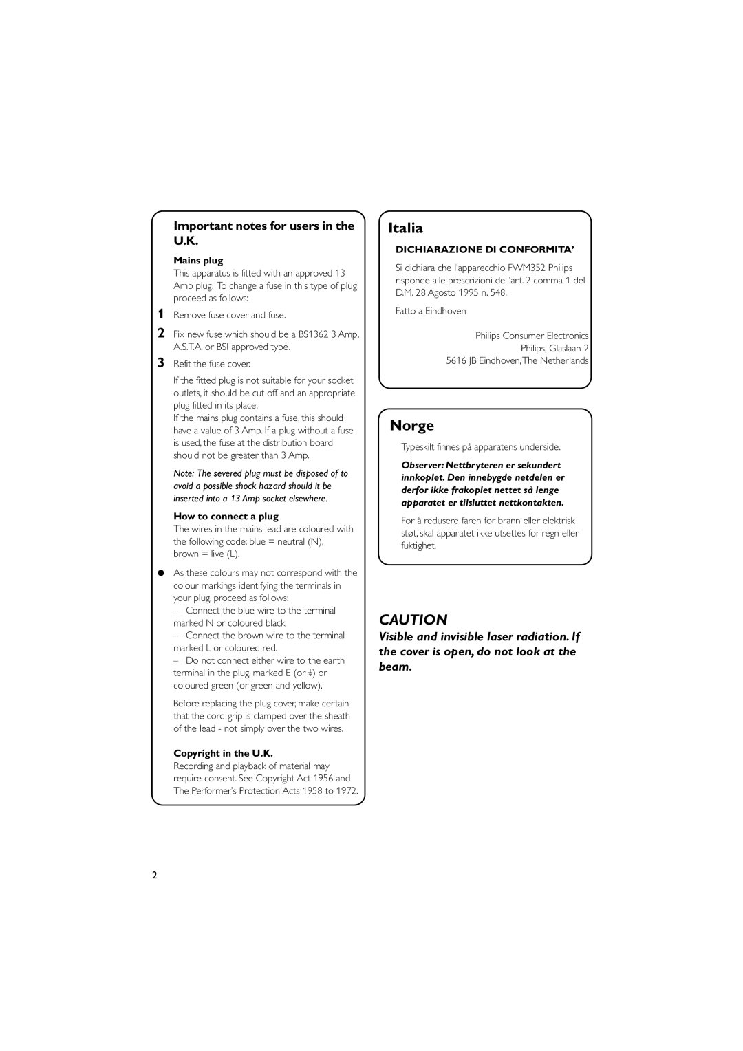 PYLE Audio FWM352 user manual Important notes for users in the U.K, Mains plug, How to connect a plug, Copyright in the U.K 