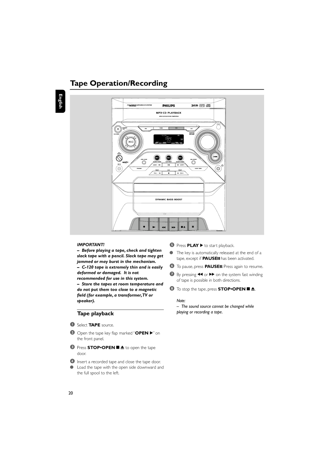 PYLE Audio FWM352 Tape Operation/Recording, Tape playback, Full spool to the left Press Play 2 to start playback 