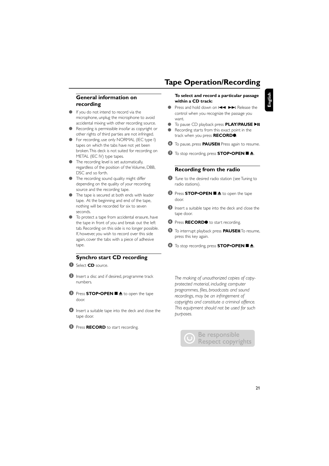 PYLE Audio FWM352 user manual Recording from the radio, To select and record a particular passage within a CD track 