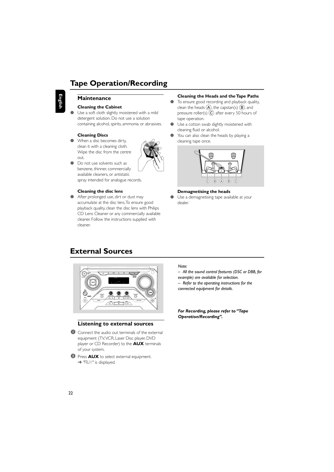 PYLE Audio FWM352 user manual External Sources, Maintenance, Listening to external sources 