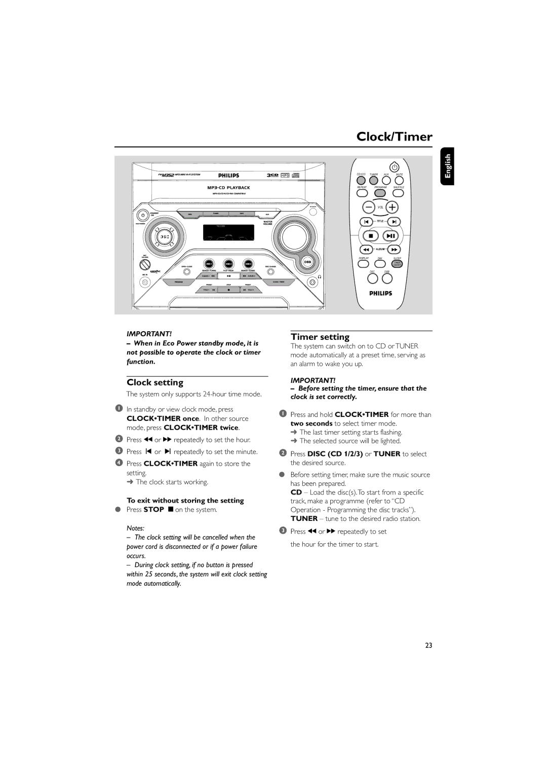 PYLE Audio FWM352 user manual Clock/Timer, Clock setting, Timer setting, To exit without storing the setting 