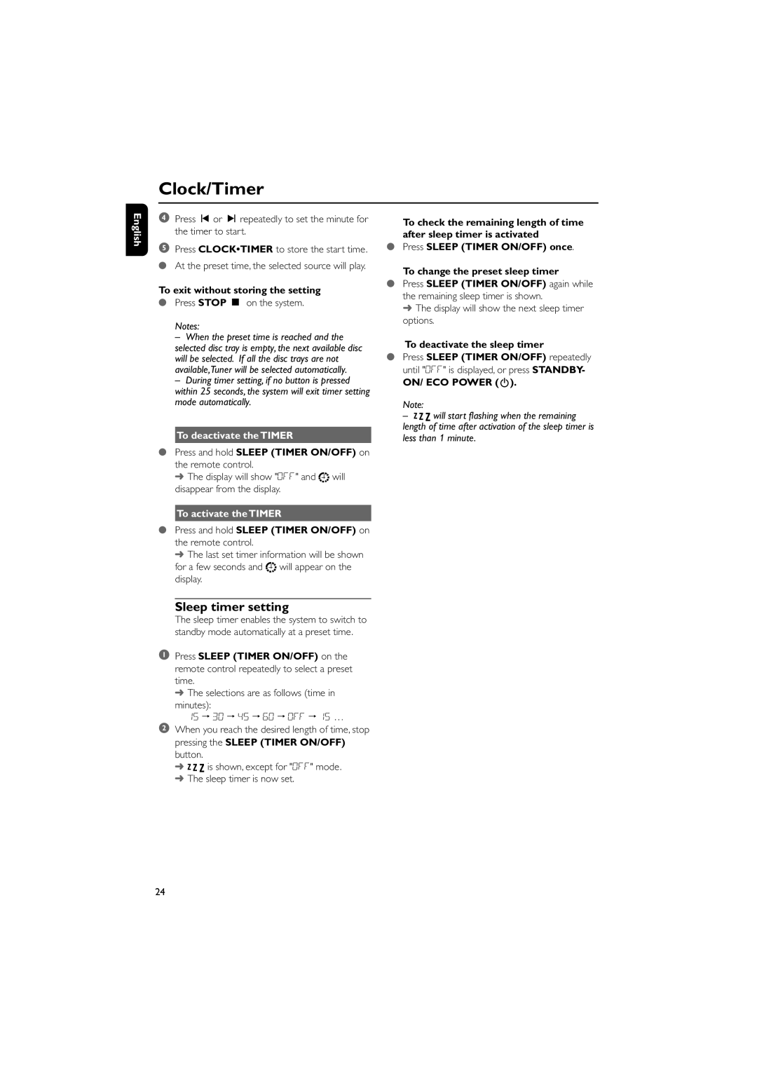 PYLE Audio FWM352 Sleep timer setting, To deactivate the Timer, Press and hold Sleep Timer ON/OFF on the remote control 