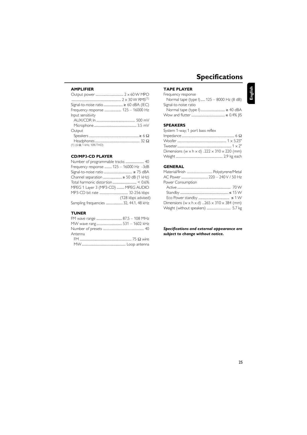 PYLE Audio FWM352 user manual Specifications 