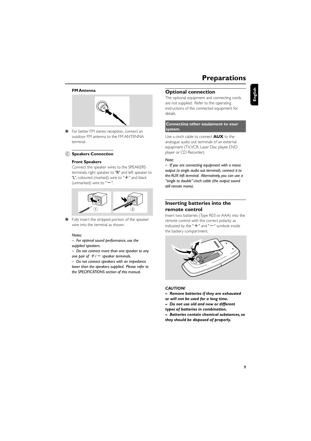 PYLE Audio FWM352 user manual Optional connection, Inserting batteries into the remote control, FM Antenna 