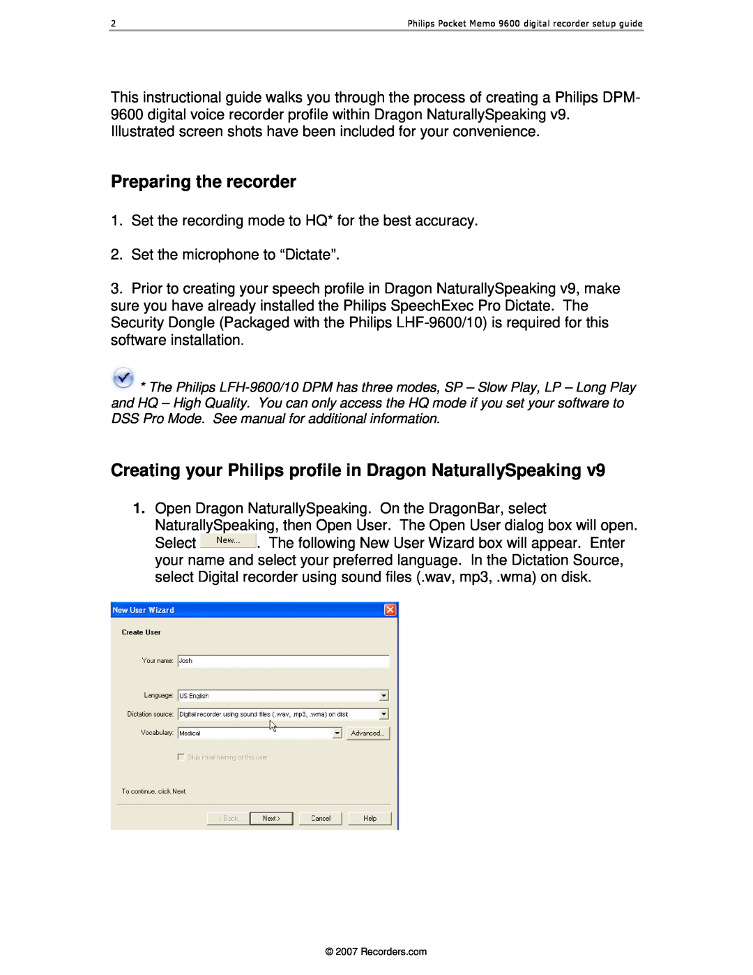 PYLE Audio LFH-9600 manual Preparing the recorder, Creating your Philips profile in Dragon NaturallySpeaking 