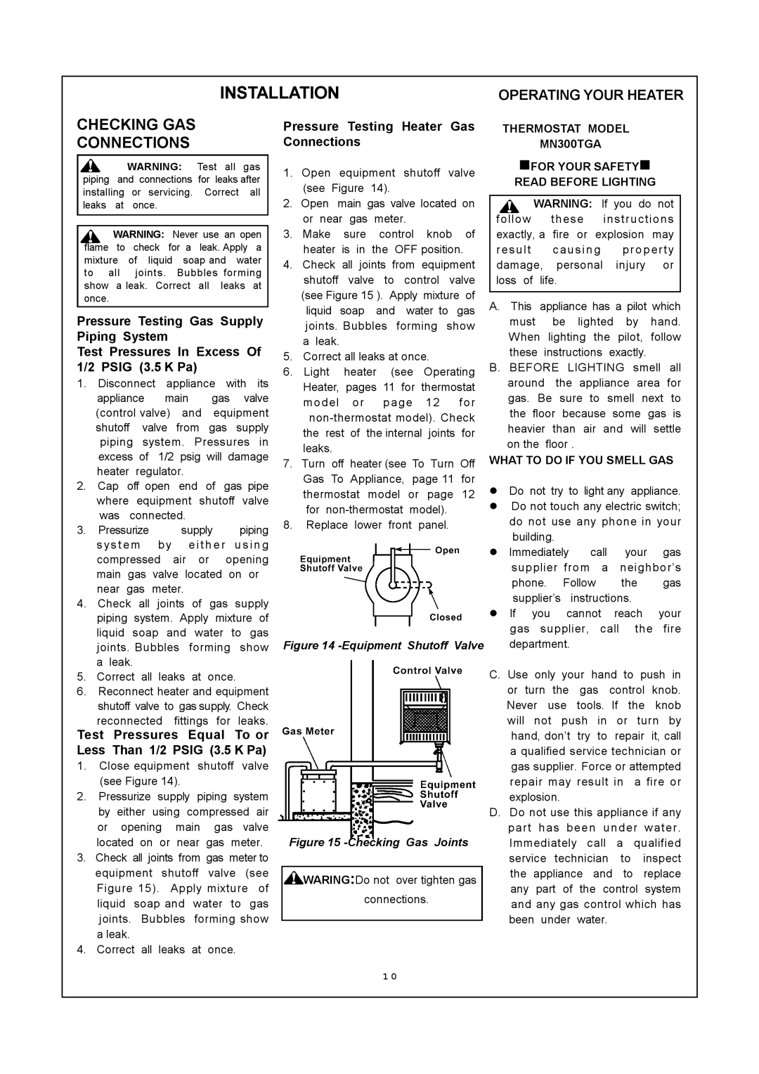 PYLE Audio MN300HGA Checking GAS Connections, Thermostat Model MN300TGA, NFOR Your SAFETYn, Read Before Lighting 