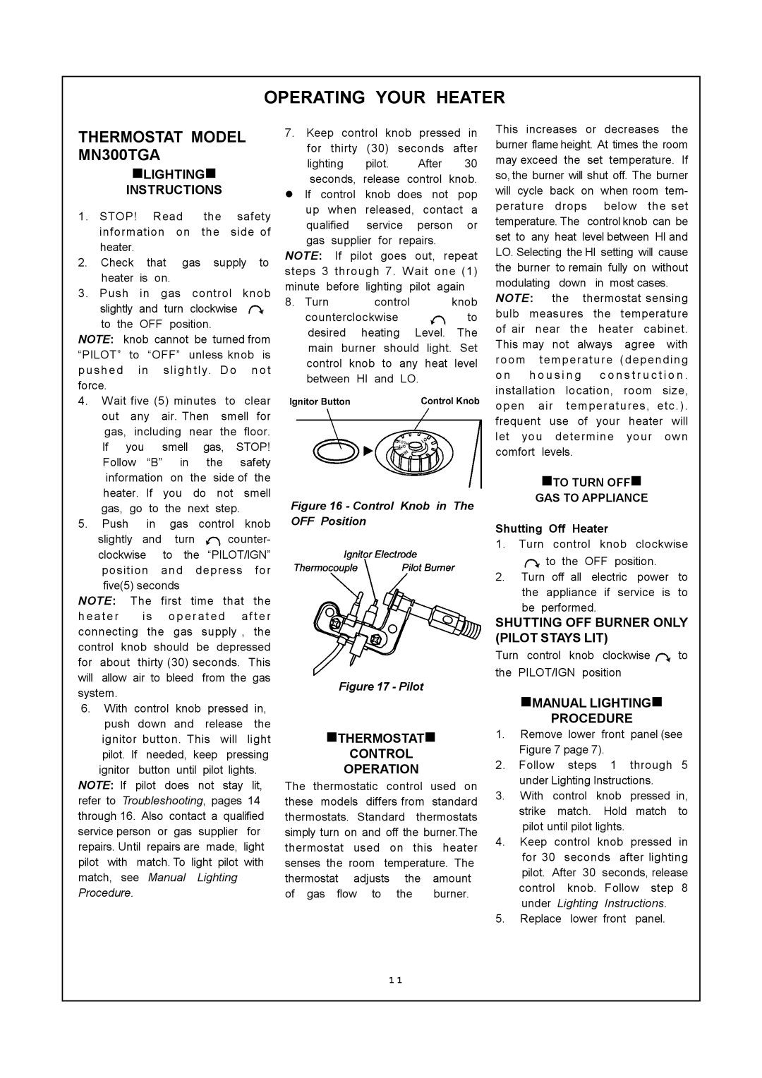 PYLE Audio MN300HGA installation manual Operating Your Heater, Thermostat Model MN300TGA 