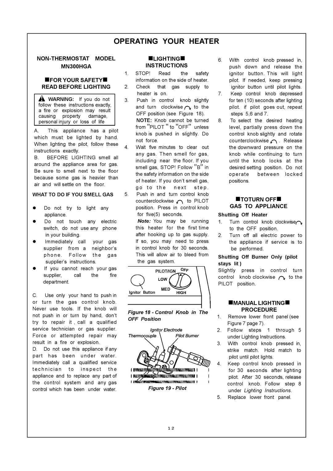 PYLE Audio installation manual NON-THERMOSTAT Model MN300HGA, Read Before Lighting, GAS to Appliance 