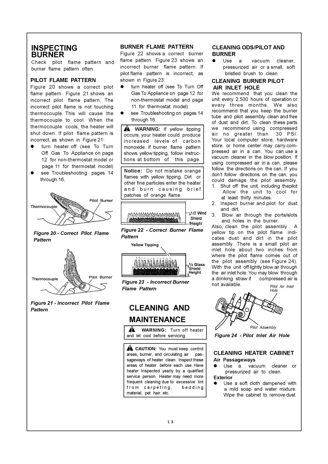 PYLE Audio MN300HGA Pilot Flame Pattern, Burner Flame Pattern, Cleaning ODS/PILOT and Burner, Cleaning Heater Cabinet 