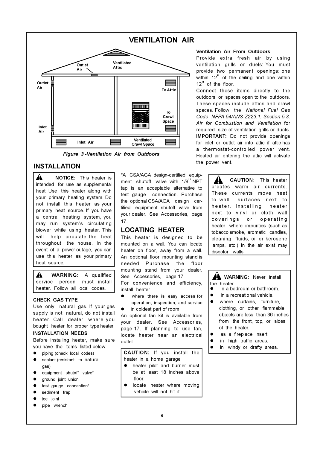 PYLE Audio MN300HGA installation manual Ventilation AIR, Check GAS Type, Installation Needs 