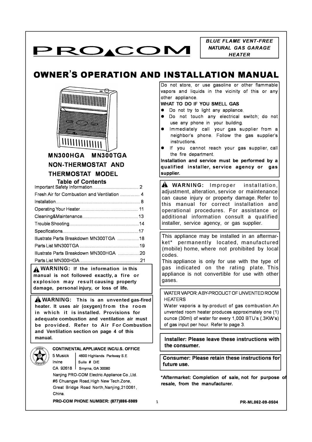 PYLE Audio installation manual MN300HGA MN300TGA, Non-Thermostatand, Thermostat Model, Table of Contents 