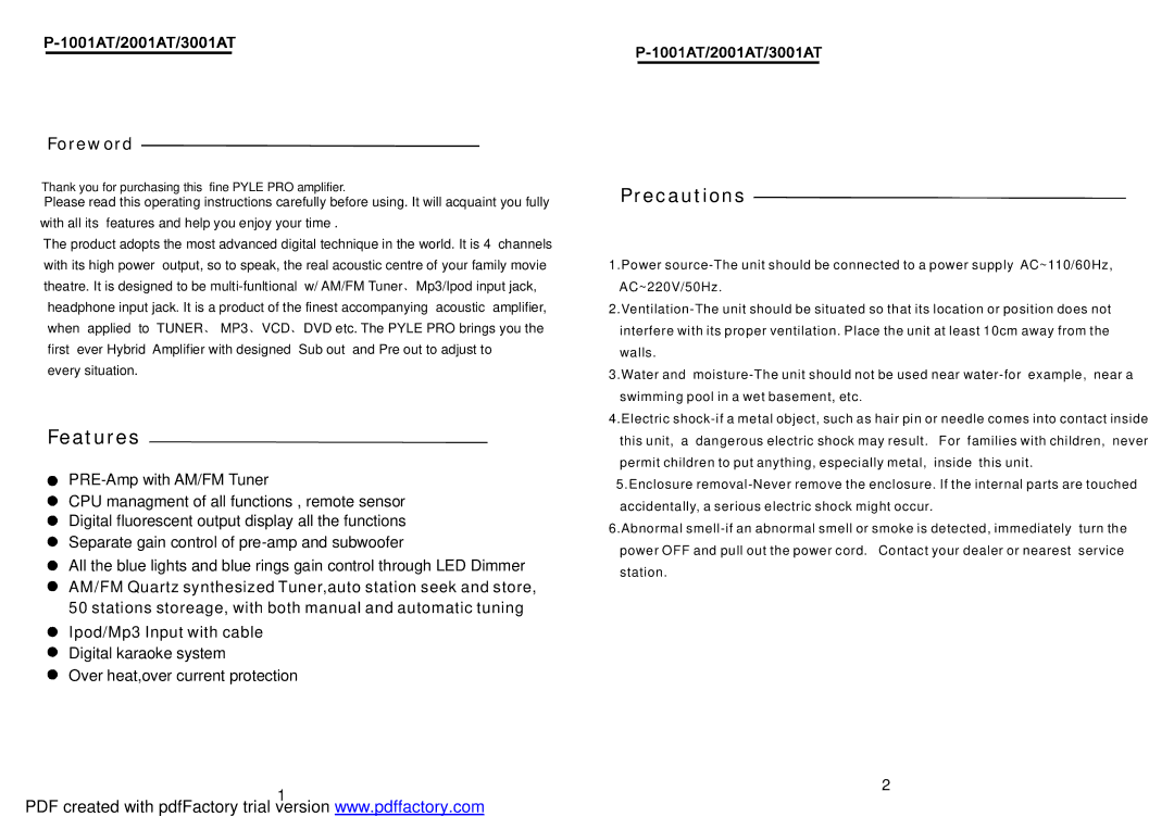 PYLE Audio P1001AT manual Features, Foreword 