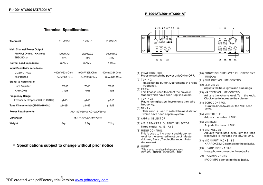 PYLE Audio P1001AT manual ※ Specifications subject to change without prior notice 